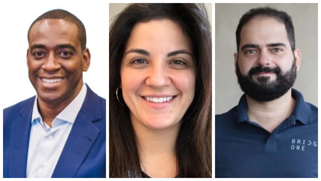 Montagem com três fotos lado a lado, na primeira com um homem negro, na segunda com uma mulher jovem sorrindo de cabelo comprido e na última, um homem com barba volumosa e mais sério.